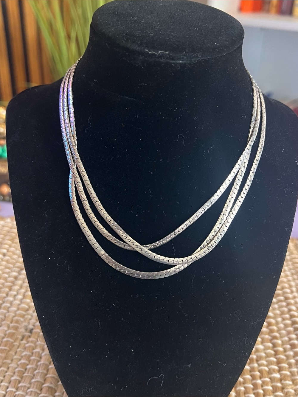 VTG Lisner Triple Herringbone Silver Tone Choker Necklace Mid Century 1960s